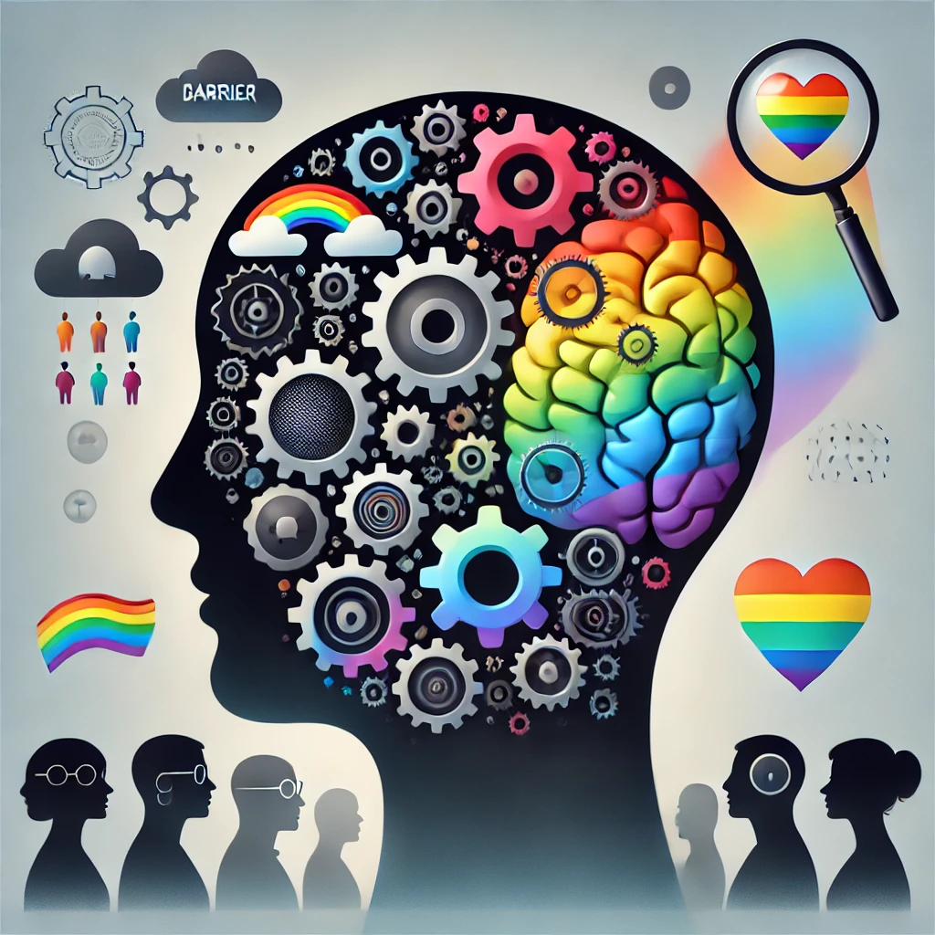 Illustrazione concettuale che rappresenta l'intersezione tra psicologia cognitiva e identità LGBTQ+, mostrando un profilo umano con ingranaggi arcobaleno nel cervello, processi di elaborazione dello stigma e resilienza, e figure diverse con lenti d'ingrandimento che simboleggiano l'auto-riflessione e la formazione dell'identità in contesti sociali diversi.