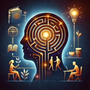 Silhouette di mente umana come labirinto che connette psicologia e situazioni quotidiane, rappresentazione visiva dell'introspezione e consapevolezza psicologica.